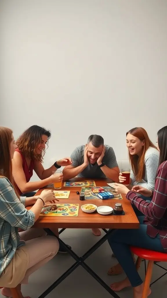 33 Fun and Creative House Party Ideas to Dazzle Your Guests 4 A group of friends enjoying a game night around a table filled with snacks and games.