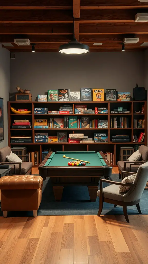Cozy game room with a pool table and comfortable seating