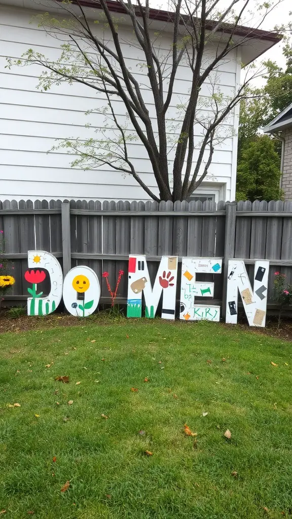 17 Inspiring Backyard Decorating Ideas to Transform Your Outdoor Space 13 Colorful garden art installation spelling 'DO MEN' with playful designs and decorations.