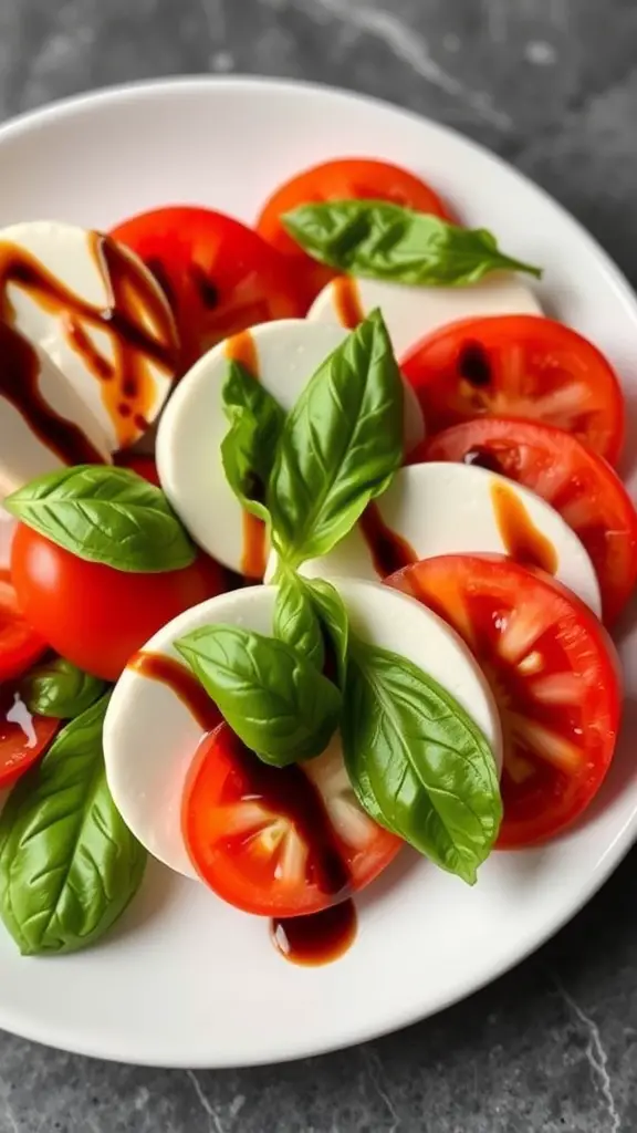 17 Creative Dish Garden Ideas to Elevate Your Space 9 A plate of Caprese salad with fresh mozzarella, tomatoes, and basil drizzled with balsamic glaze.