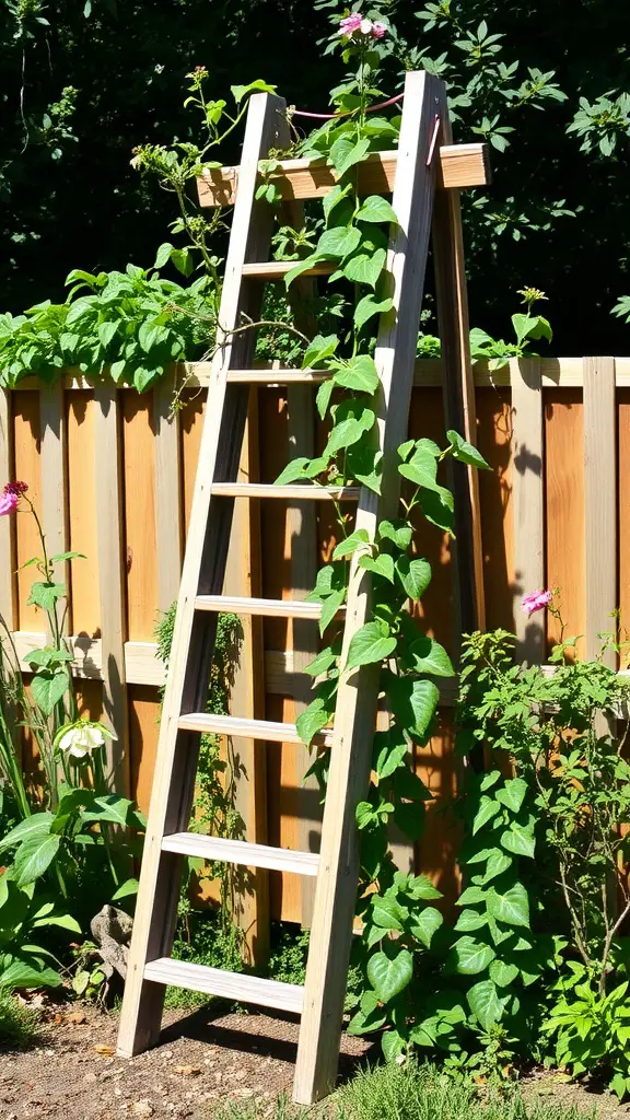 23 Creative DIY Yard Decor Ideas You Can't Miss 8 Wooden ladder trellis with climbing plants and flowers in a garden