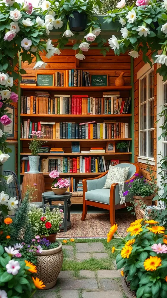 23 Inspiring Garden House Ideas for Your Outdoor Oasis 12 A cozy garden library nook with a bookshelf, flowers, and a comfortable chair.