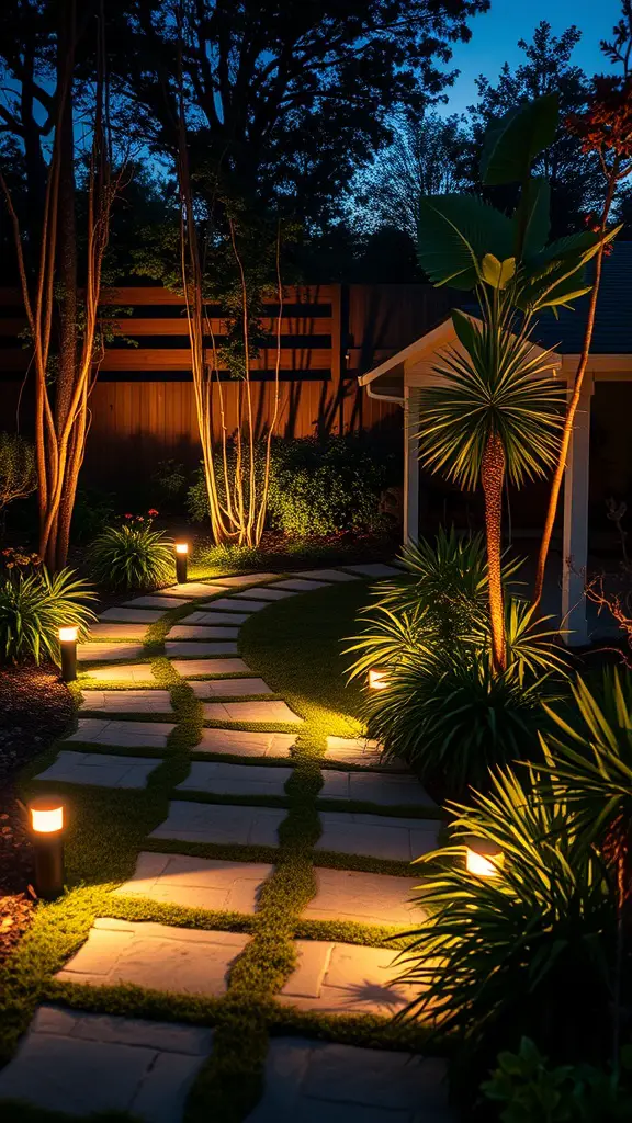 19 Creative Backyard Ideas for Renters 16 A beautifully lit garden path with stone tiles and greenery, creating a warm atmosphere at night.