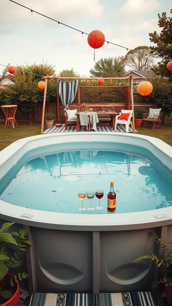 21+ Unique Stock Tank Pool Ideas for Your Backyard Oasis 7 A backyard garden party setup featuring a stock tank pool, colorful lanterns, and seating arrangements.