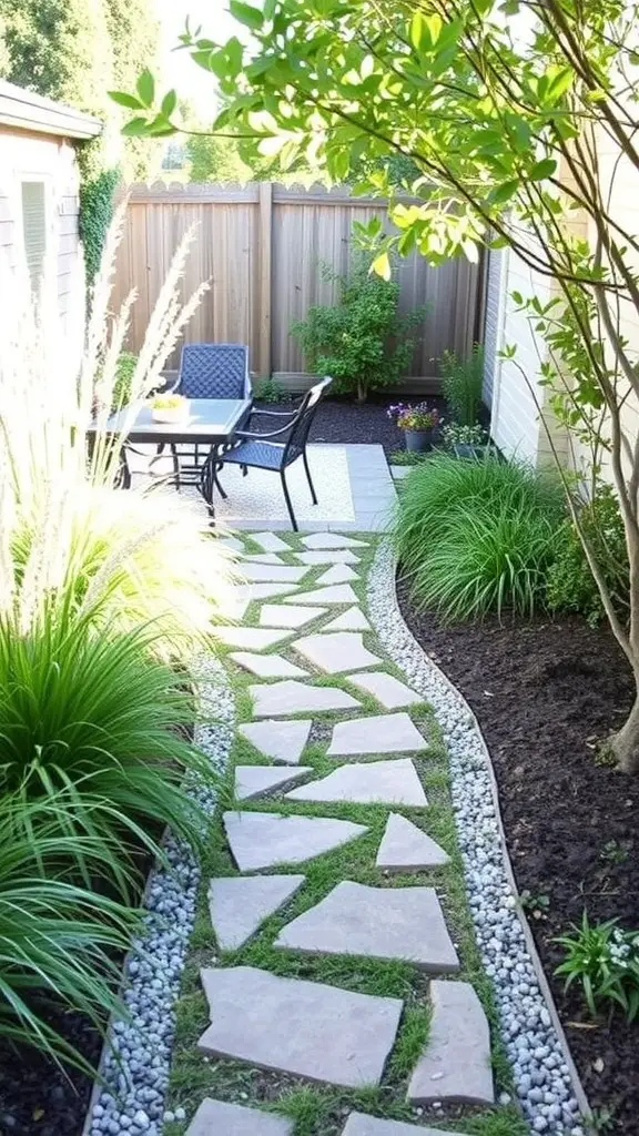 A garden pathway made of stone slabs with grass in between, surrounded by greenery.