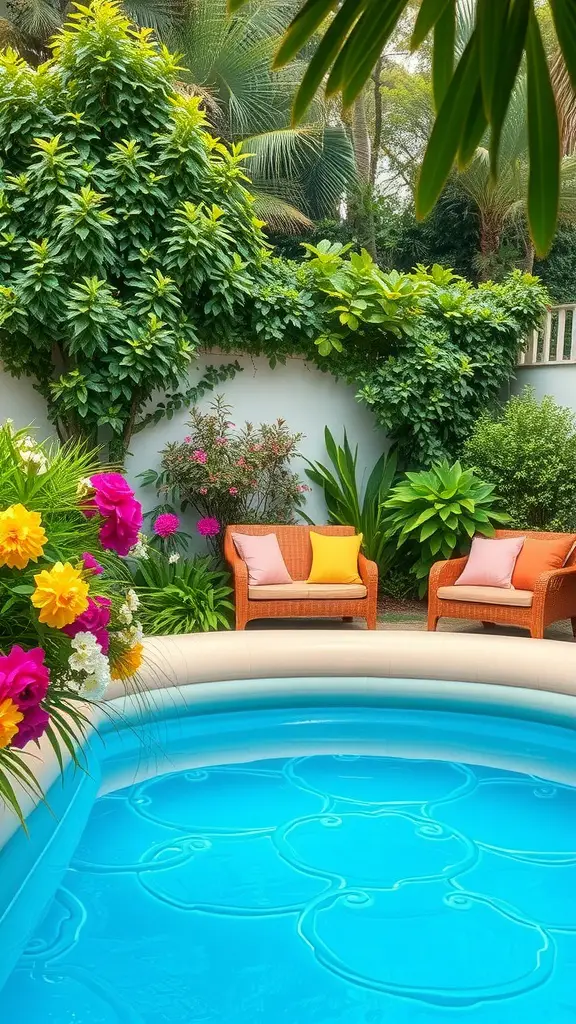 A serene garden with an inflatable pool surrounded by lush greenery and colorful flowers, featuring cozy chairs nearby.