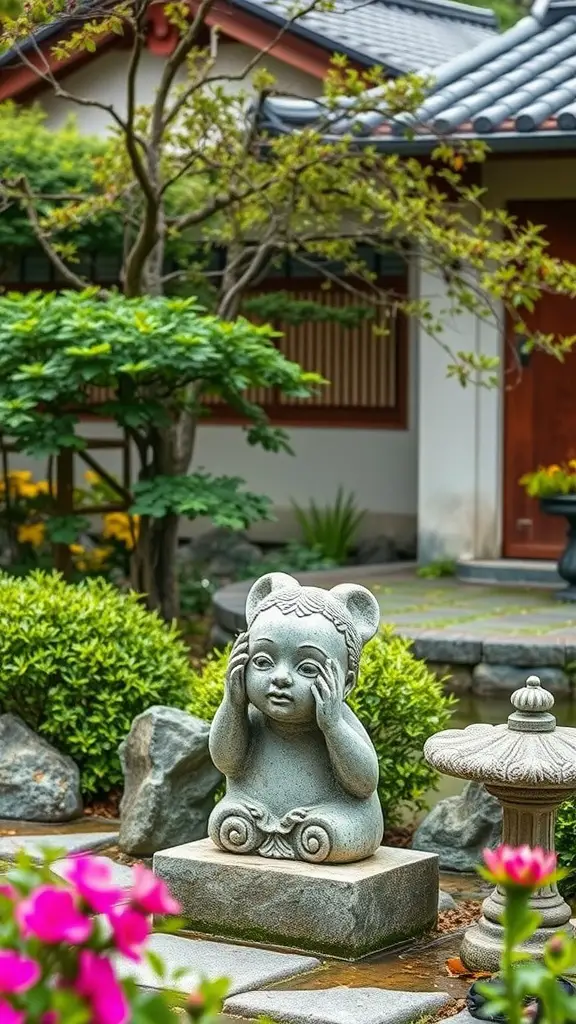 21 Inspiring Japanese Garden Ideas You’ll Love 16 A stone statue of a child with bear ears in a Japanese garden, surrounded by greenery and flowers.