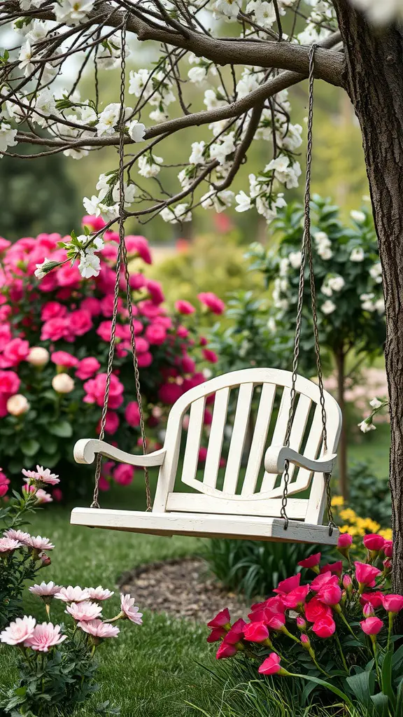 23 Stylish Outdoor Furniture Ideas for Your Dream Patio 16 A white garden swing chair hanging from a tree, surrounded by colorful flowers.