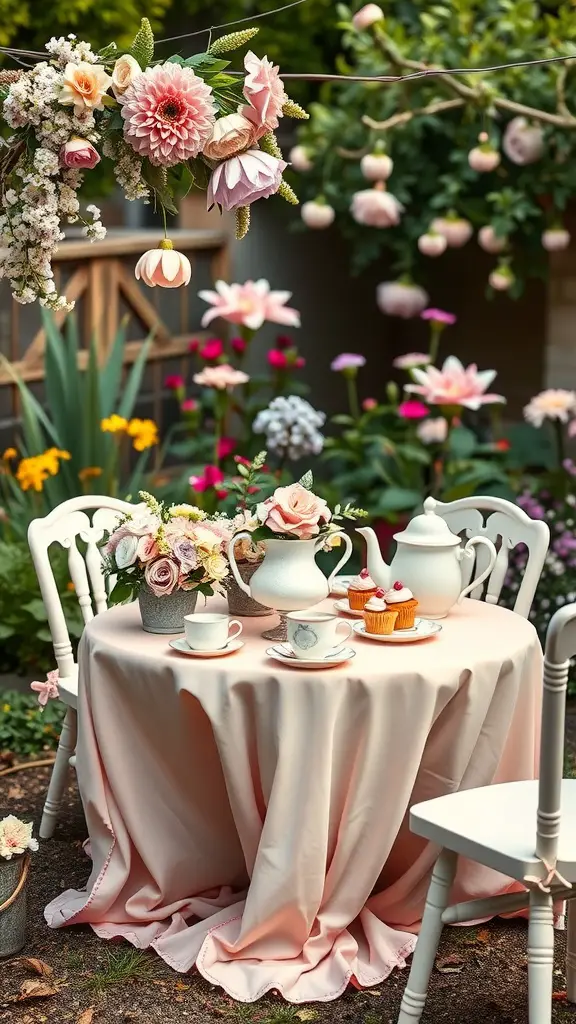 A beautifully set garden tea party table with flowers, teapot, teacups, and cupcakes.