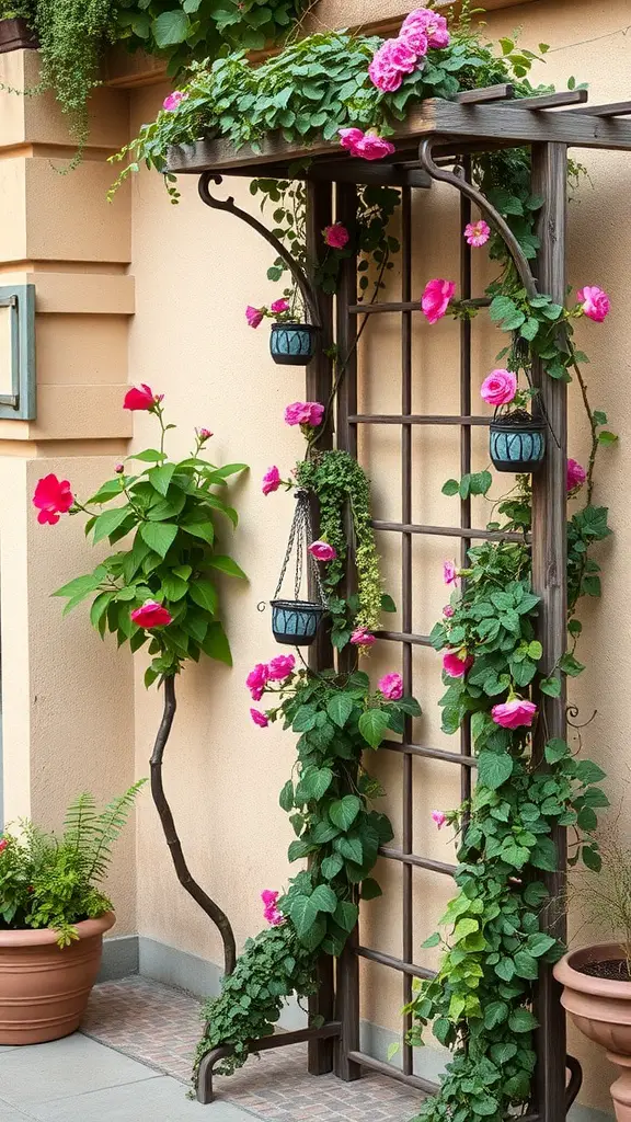 29 Creative Small Patio Decorating Ideas You’ll Love 16 A wooden garden trellis adorned with pink flowers and greenery.