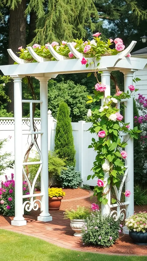19 Creative Backyard Ideas for Renters 4 A white garden trellis with climbing pink flowers surrounded by colorful plants.