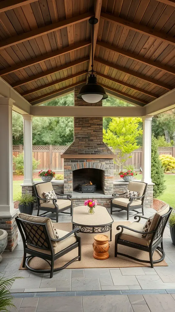 27 Cozy Outdoor Covered Patios with Fireplaces for Ultimate Comfort 11 Outdoor covered patio with fireplace and seating area