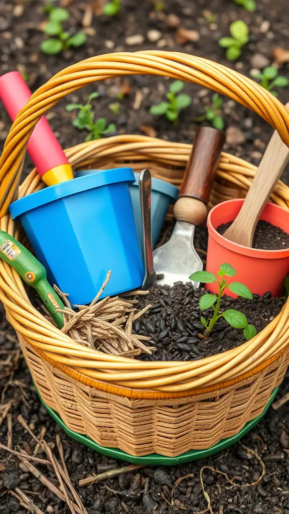 19 Creative Raffle Basket Ideas You’ll Love 10 A wicker basket filled with gardening tools, colorful pots, soil, and a small plant.