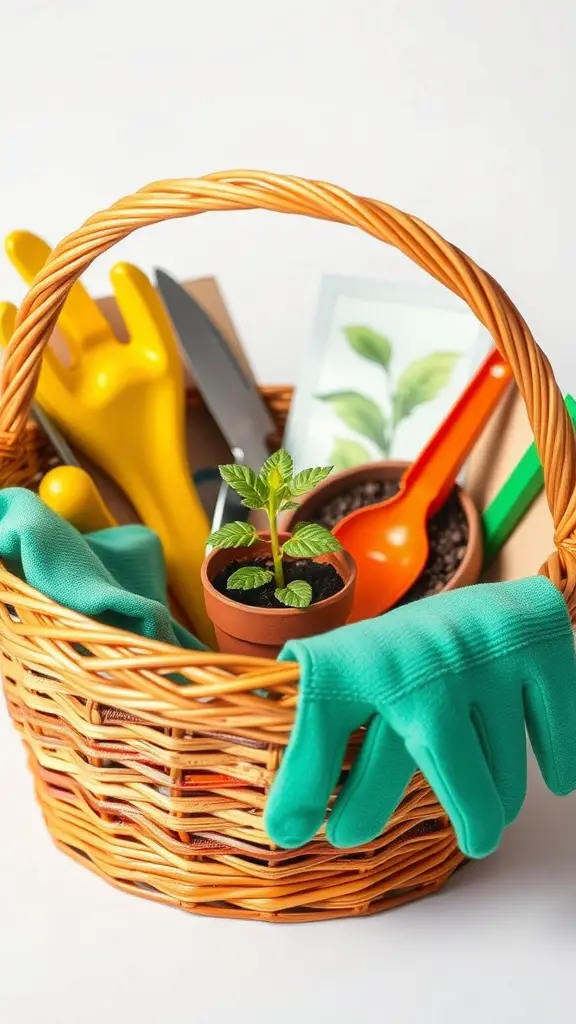 21 Creative Auction Basket Ideas You’ll Love 10 A woven basket filled with gardening tools, gloves, and a small potted plant.