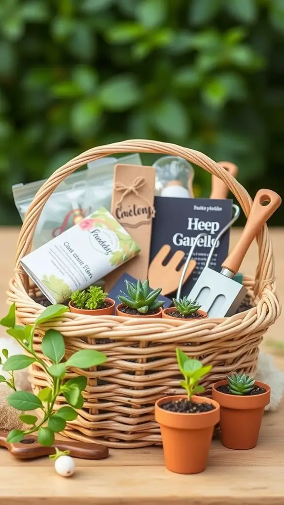 15 Creative Dollar Tree Gift Basket Ideas for Any Occasion 10 A wicker basket filled with gardening supplies including small pots with plants, seed packets, and gardening tools.