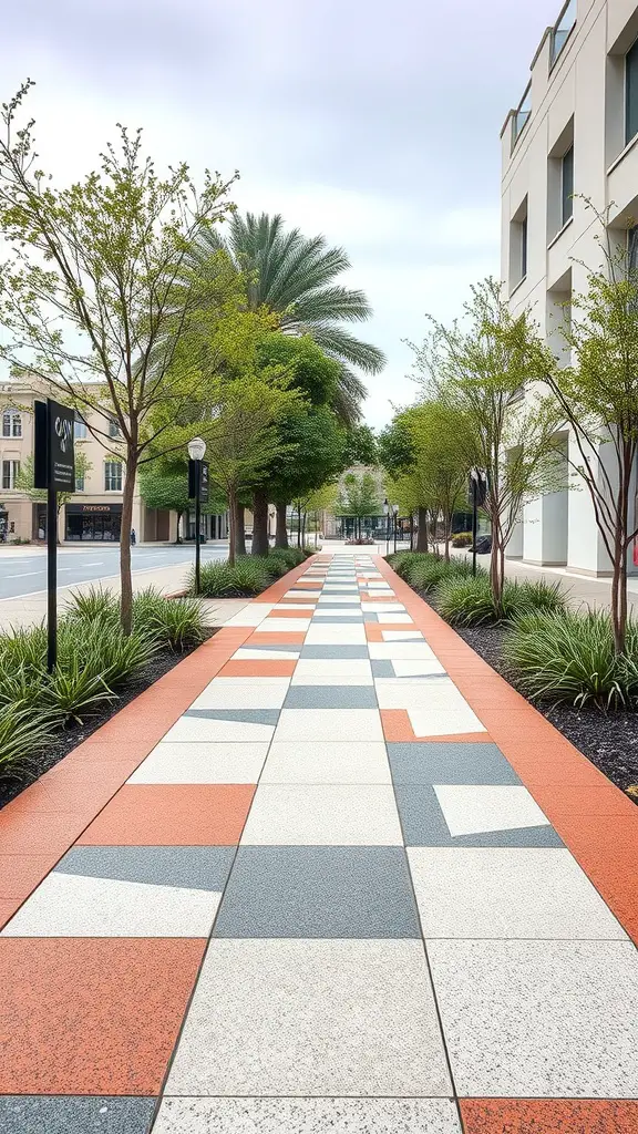 19 Stunning Paver Pathway Ideas to Transform Your Garden 9 A geometric paver pathway with colorful tiles surrounded by greenery.