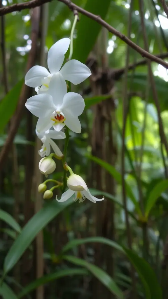 A close-up of a Ghost Orchid flower with white petals and a green background.