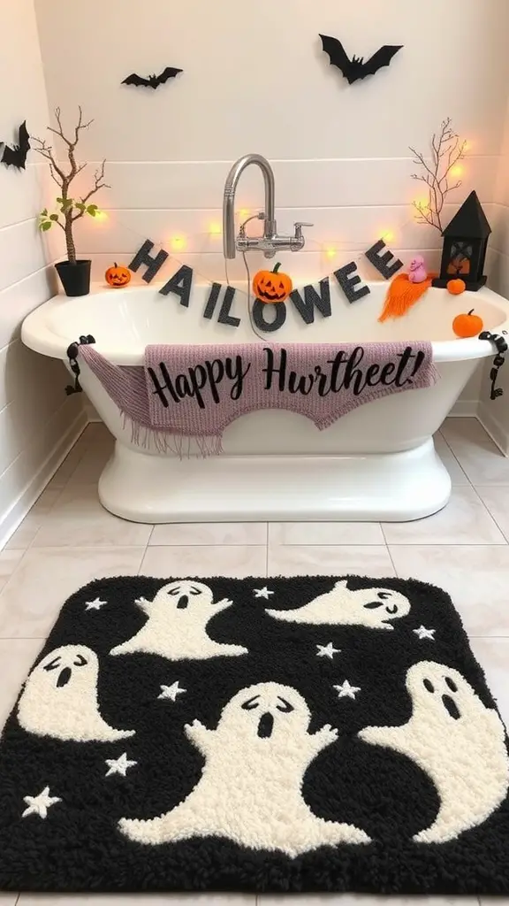 29 Spook-tacular Halloween Bathroom Decor Ideas 9 A black bath mat with white ghost designs, surrounded by Halloween decorations in a bathroom.