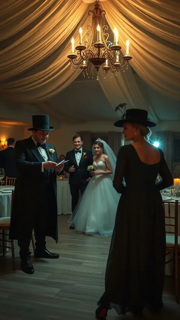 A Halloween wedding scene with a bride and groom, surrounded by elegantly dressed guests, creating a spooky yet romantic atmosphere.