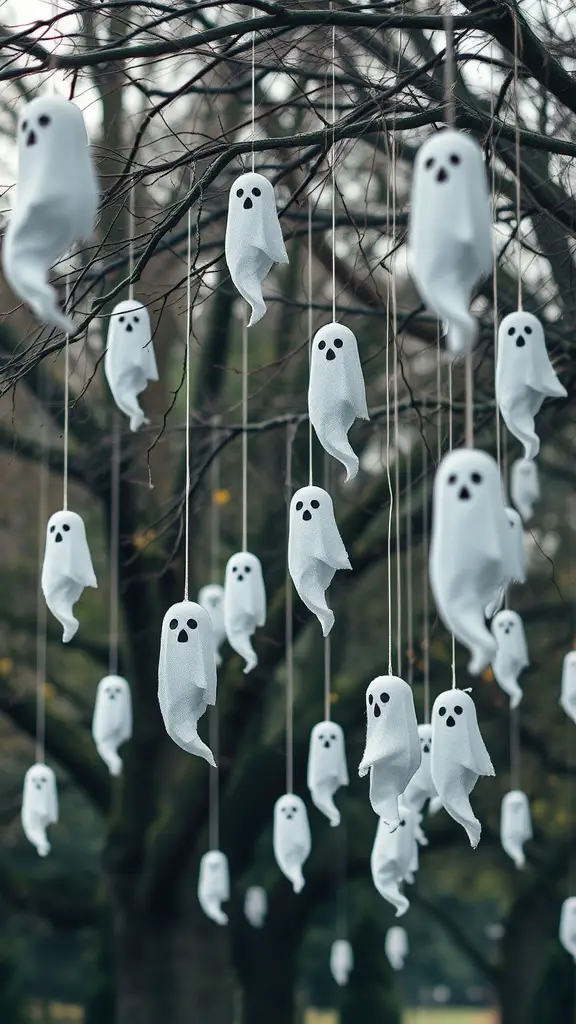Hanging ghost decorations made of white fabric, swaying in the breeze from tree branches.