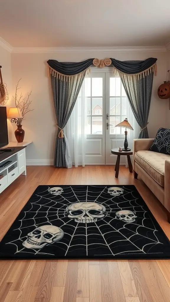 A Halloween-themed living room with a black rug featuring skulls and spiderwebs, complemented by elegant curtains and warm lighting.