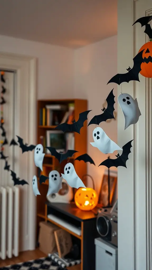 Hanging decorations of ghosts and bats with a glowing pumpkin in a cozy apartment setting