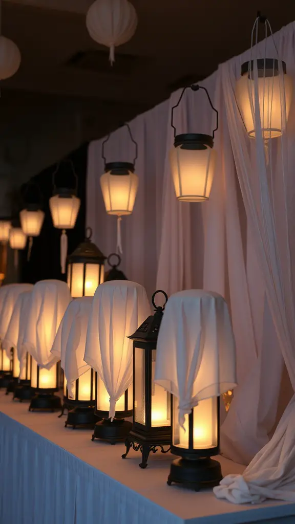 A row of ghostly lanterns with soft glowing lights, draped in white fabric, creating a spooky yet cozy atmosphere.