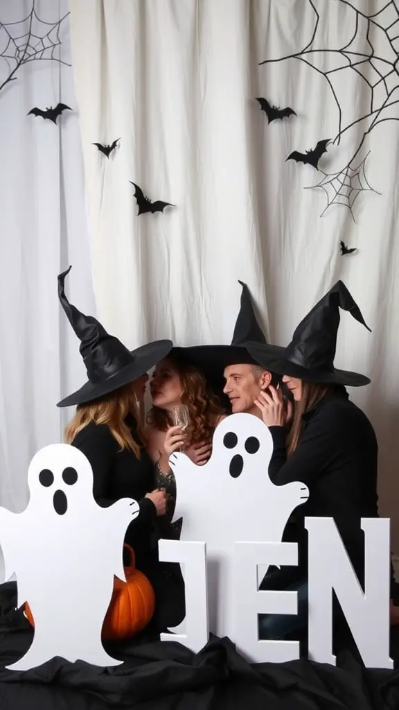 A group of friends in witch hats posing in a Halloween-themed photo booth with ghost cutouts and a pumpkin.