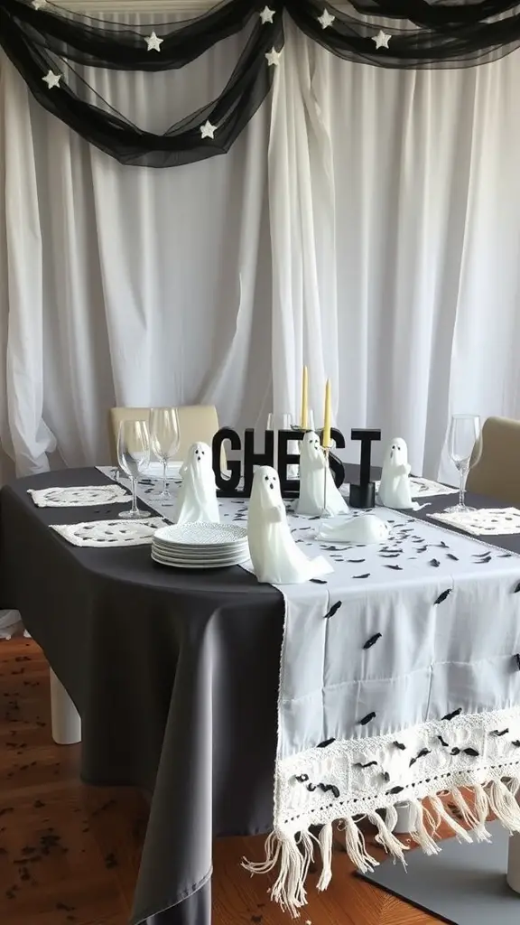 19 Spooktacular Items for the Perfect Halloween Tablescape 5 A Halloween-themed table setting with ghost figurines, black and gray colors, and starry decorations.
