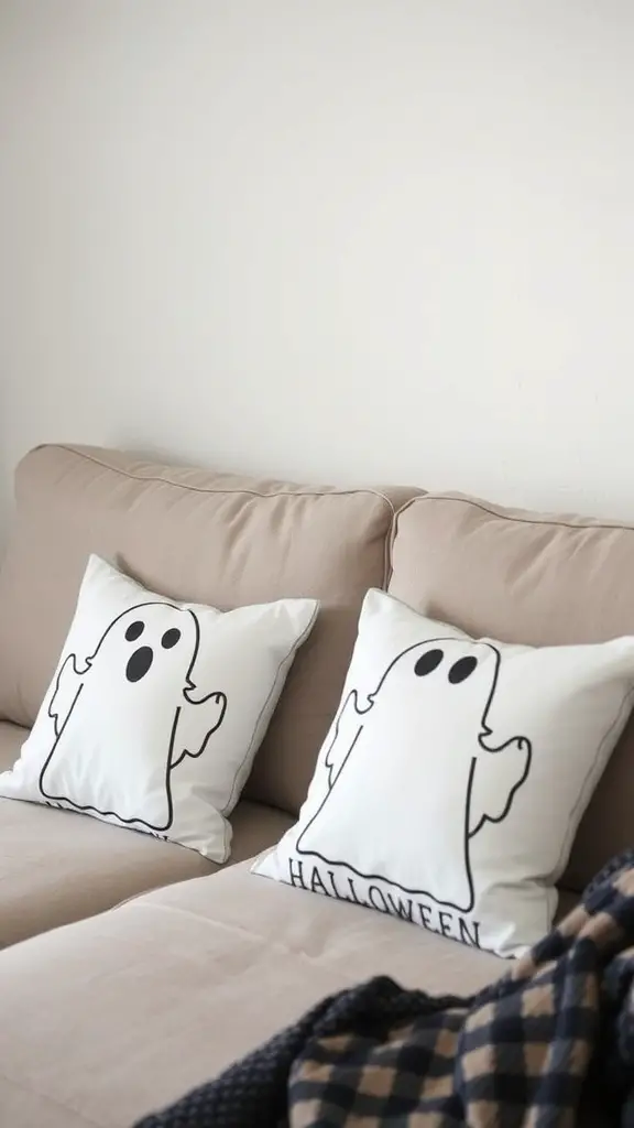 Two ghost-themed throw pillows on a beige couch