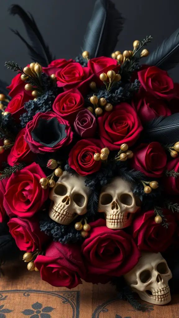 A Halloween floral bouquet featuring red roses, black feathers, and decorative skulls.