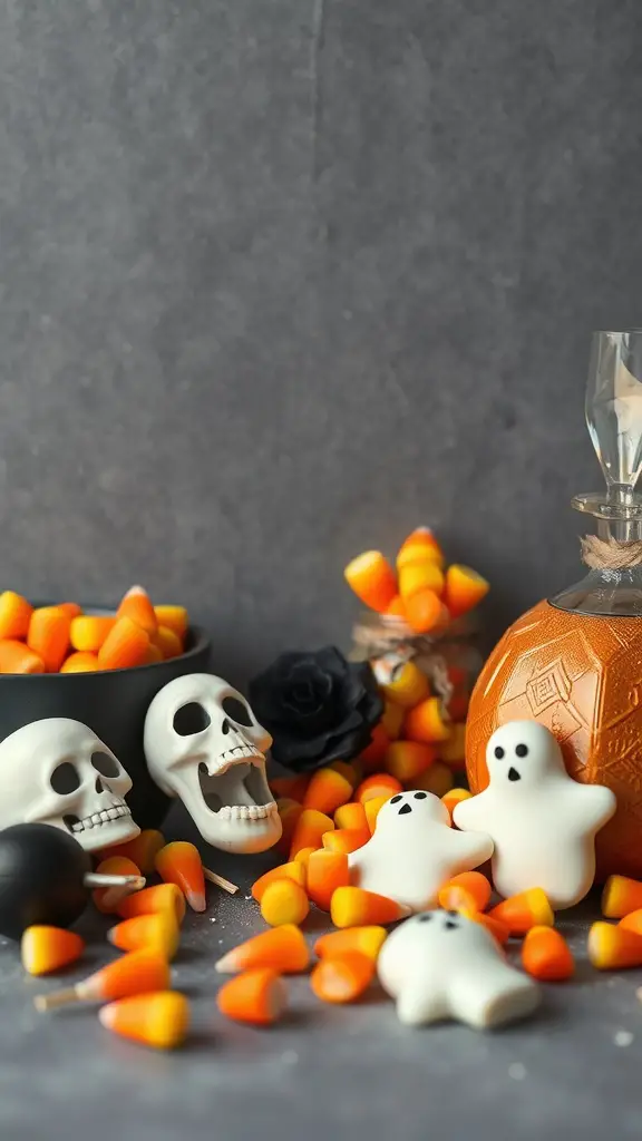 A collection of Halloween-themed party favors including candy corn, ghost cookies, and skull decorations.