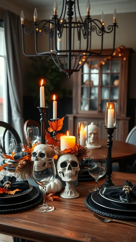 A Halloween-themed dining table centerpiece featuring skulls, candles, and autumn leaves.