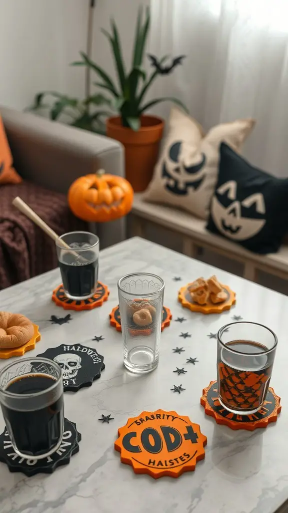 A Halloween-themed living room table setting with coasters, drinks, snacks, and decorations.