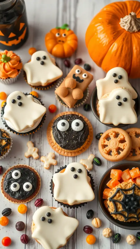 21 Spooktacular Halloween Party Ideas for a Frightfully Fun Celebration 7 A colorful assortment of Halloween-themed treats including ghost cupcakes, chocolate cookies, and a pumpkin.