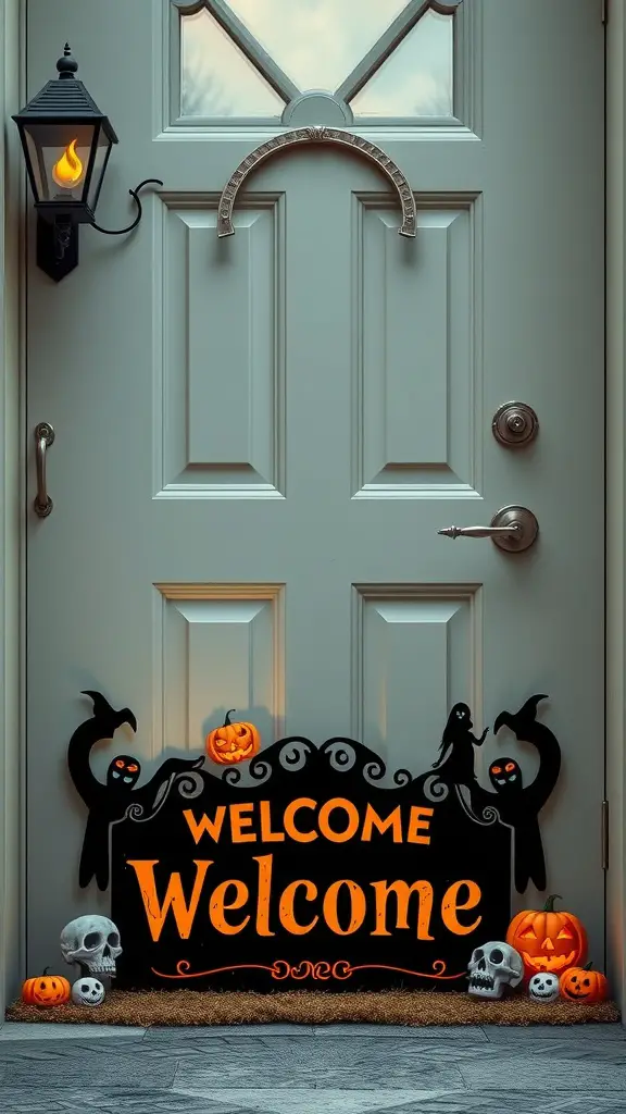 A Halloween-themed welcome mat featuring pumpkins, ghosts, and skulls, with a bold 'Welcome' sign.