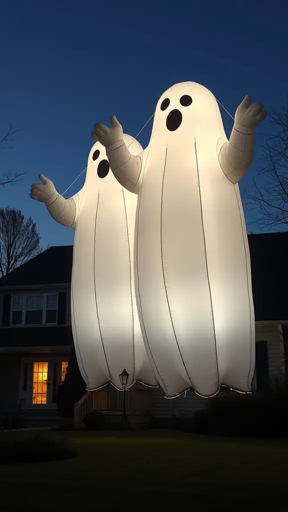 Two giant inflatable ghosts in a front yard at dusk