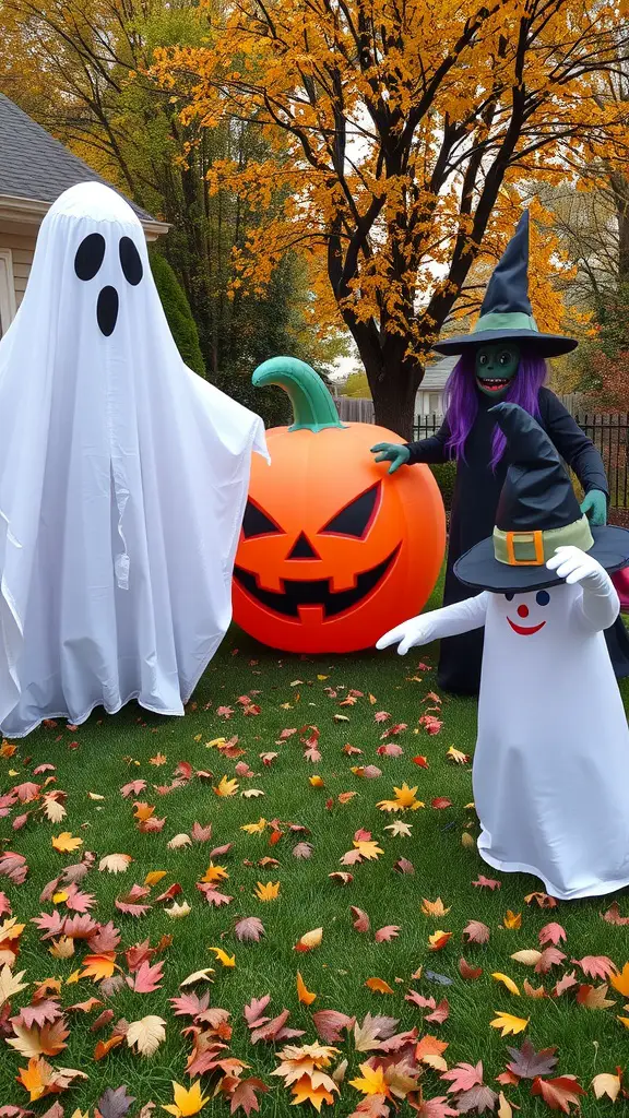 A Halloween yard display featuring a ghost, a witch, a snowman, and a large pumpkin surrounded by autumn leaves.