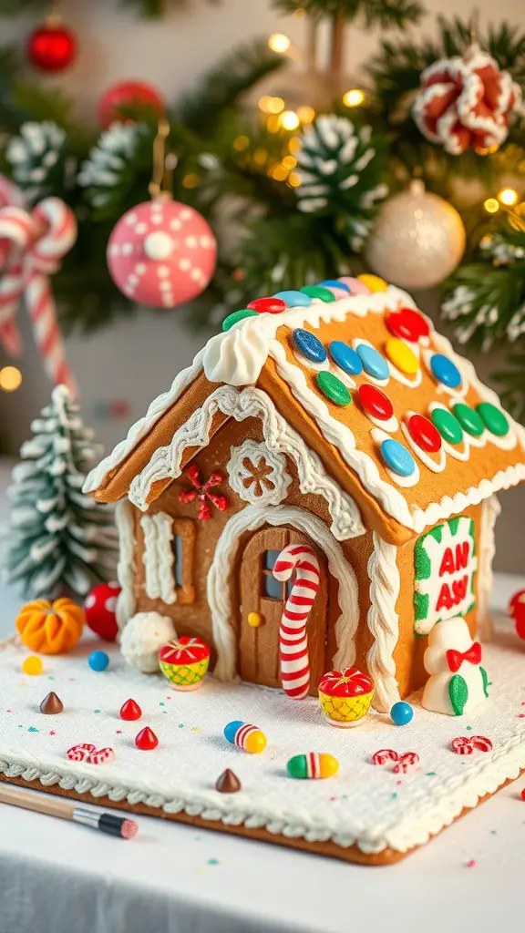 15 Creative Christmas Party Theme Ideas for Your Holiday Celebration 5 A decorated gingerbread house with colorful candies and icing, surrounded by festive decorations.