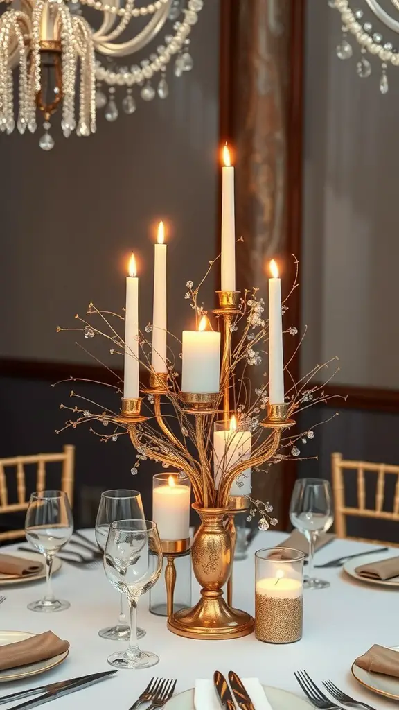 23 Stunning Dollar Tree Centerpieces You Can DIY 12 A gold candle holder centerpiece with multiple candles and decorative branches on a dining table.