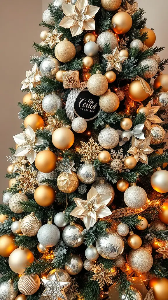 21 Creative Christmas Tree Ideas for a Cozy Fall Celebration 17 A Christmas tree decorated with gold and silver ornaments, featuring large baubles, intricate stars, and warm white lights.