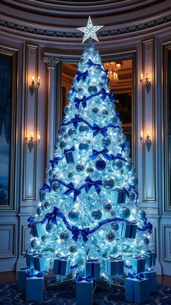 19 Unique Christmas Tree Ideas to Brighten Your Holidays 10 A beautifully decorated Christmas tree with silver and blue ornaments, ribbons, and gifts.