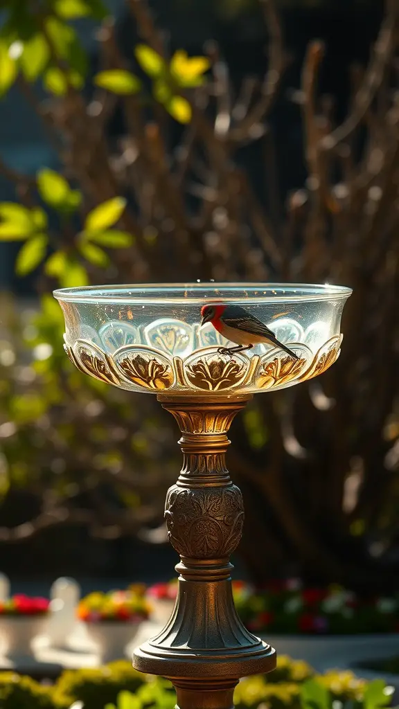 A decorative glass bowl bird bath on an ornate stand with a bird perched on the edge.