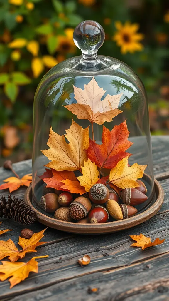 17 Stunning Fall Centerpieces for Your Dining Table 16 A glass cloche filled with colorful autumn leaves and acorns, placed on a wooden table.