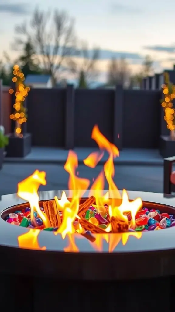 17 Creative DIY Fire Pit Ideas for Your Backyard 12 A glass fire pit with colorful stones and flames, set in an outdoor space.