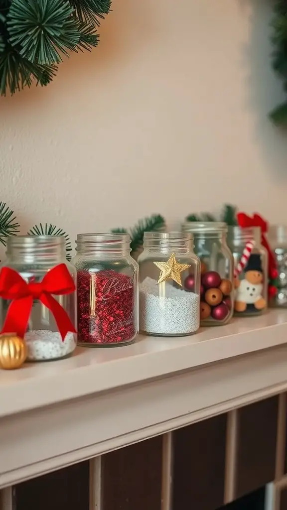 A collection of glass jars filled with festive decorations, including glitter, ornaments, and bows, displayed on a mantel.