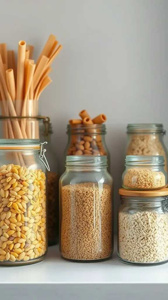41+Inspiring Pantry Shelving Ideas to Maximize Your Space 7 A collection of glass jars filled with pasta, grains, and nuts on a shelf, showcasing a rustic pantry storage idea.