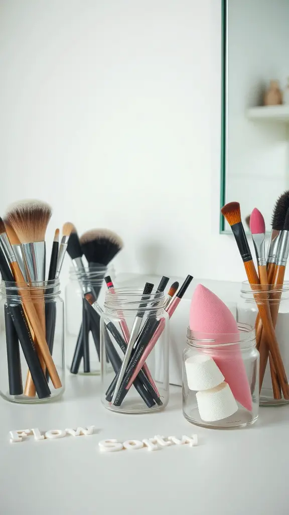 19+Creative Makeup Storage Ideas You Need to Try 3 A collection of makeup brushes and sponges stored in glass jars on a vanity.