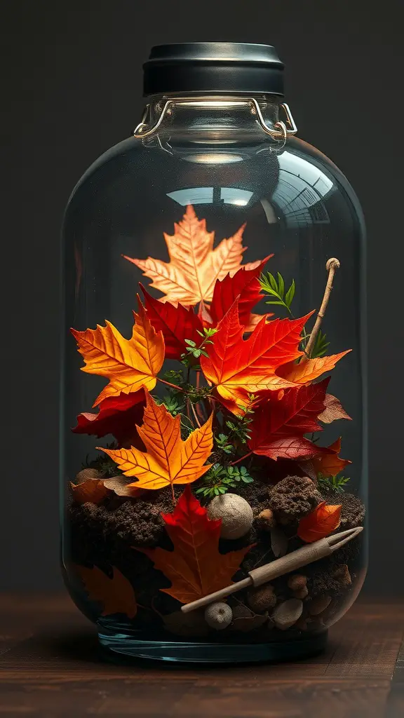 21 Gorgeous Fall Planters to Brighten Your Garden 7 A glass terrarium filled with colorful fall leaves, twigs, and acorns.