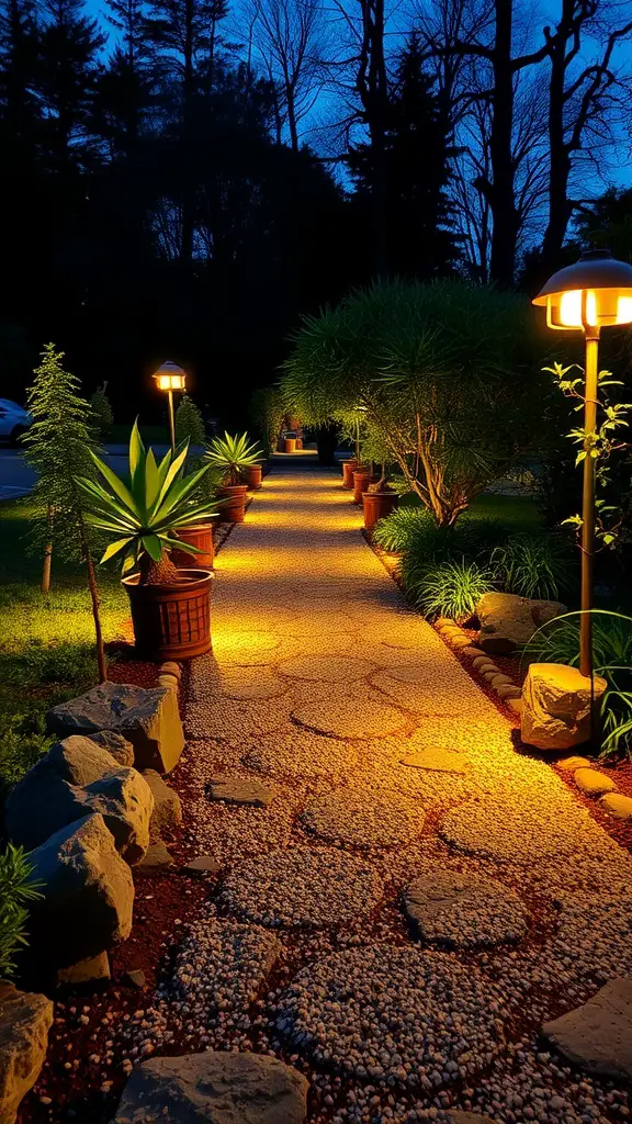 19 Enchanted Garden Ideas to Transform Your Outdoor Space 12 A beautifully lit garden pathway with potted plants and stones, creating a serene atmosphere.